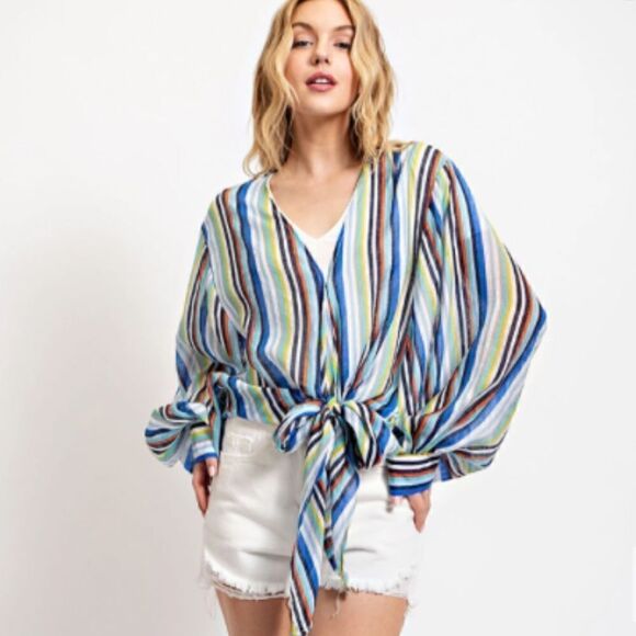 Sweet Blue Striped Front Tie Long Sleeve Shirt with Snap Button Boho Fe… - Picture 1 of 6